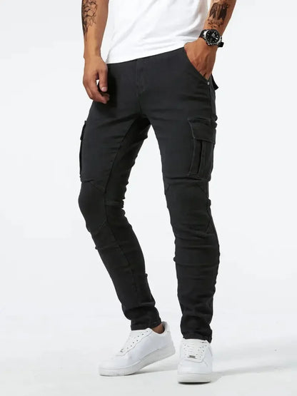 Mens Slim Fit Denim Cargo Pants - Casual Multi-Pocket Joggers - ZOOMNSTORE