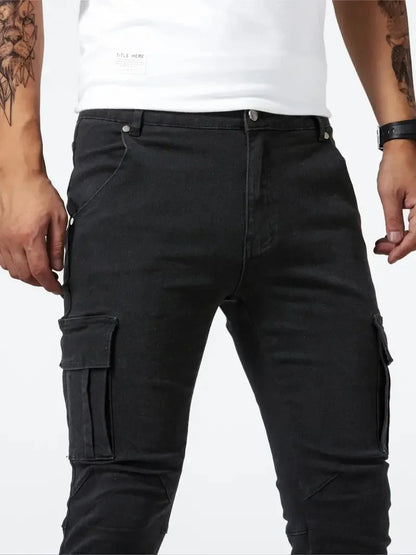 Mens Slim Fit Denim Cargo Pants - Casual Multi-Pocket Joggers - ZOOMNSTORE