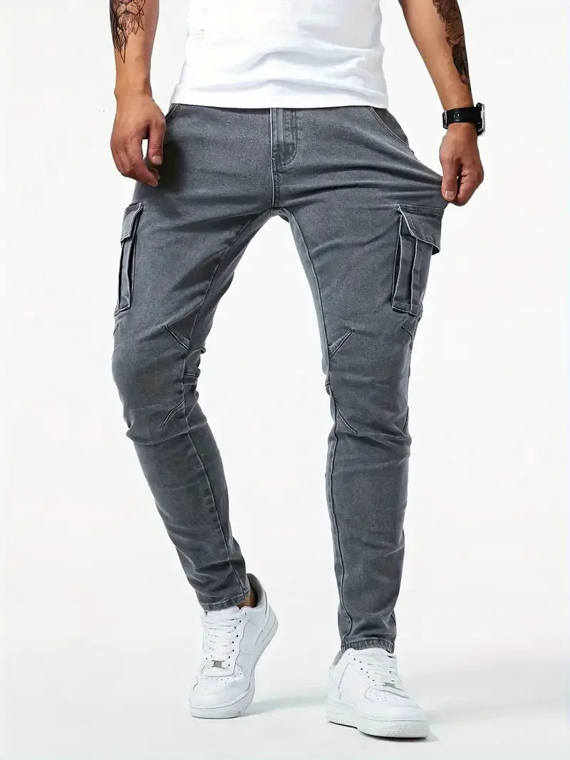Mens Slim Fit Denim Cargo Pants - Casual Multi-Pocket Joggers - ZOOMNSTORE