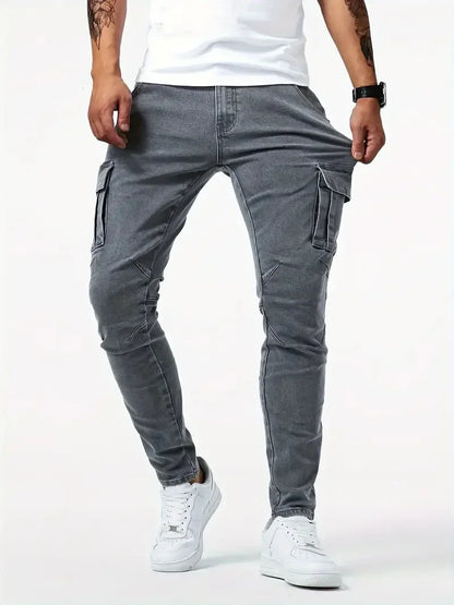 Mens Slim Fit Denim Cargo Pants - Casual Multi-Pocket Joggers - ZOOMNSTORE