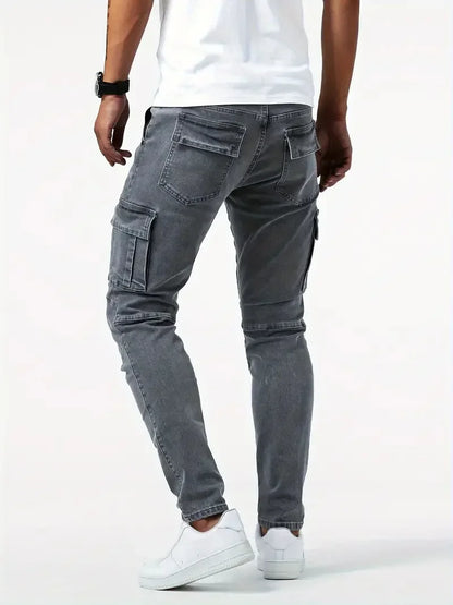 Mens Slim Fit Denim Cargo Pants - Casual Multi-Pocket Joggers - ZOOMNSTORE