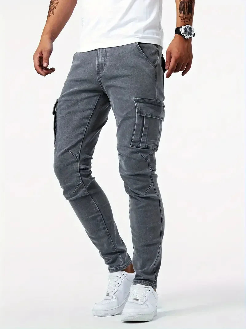 Mens Slim Fit Denim Cargo Pants - Casual Multi-Pocket Joggers - ZOOMNSTORE