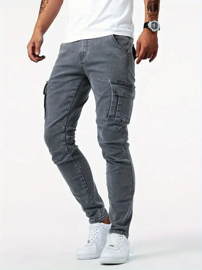 Mens Slim Fit Denim Cargo Pants - Casual Multi-Pocket Joggers - ZOOMNSTORE