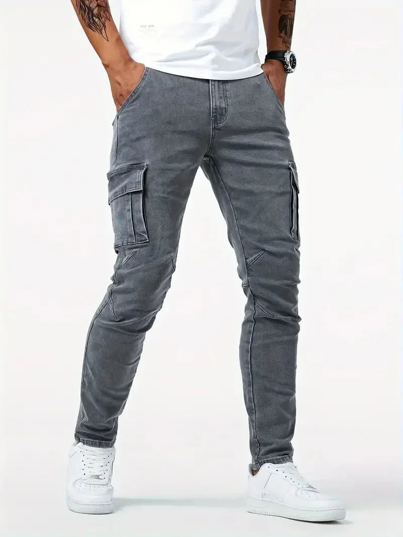 Mens Slim Fit Denim Cargo Pants - Casual Multi-Pocket Joggers - ZOOMNSTORE
