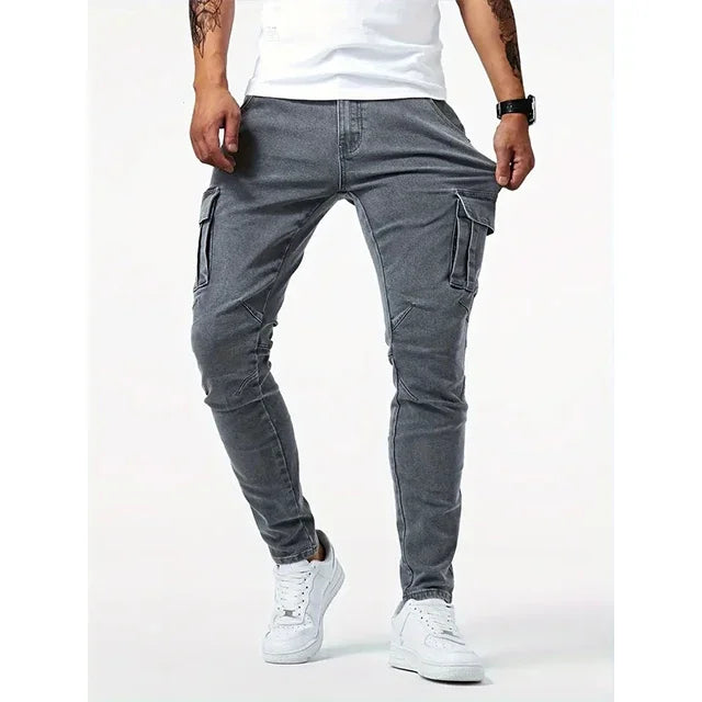 Mens Slim Fit Denim Cargo Pants - Casual Multi-Pocket Joggers - ZOOMNSTORE