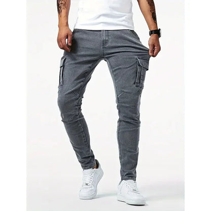 Mens Slim Fit Denim Cargo Pants - Casual Multi-Pocket Joggers - ZOOMNSTORE