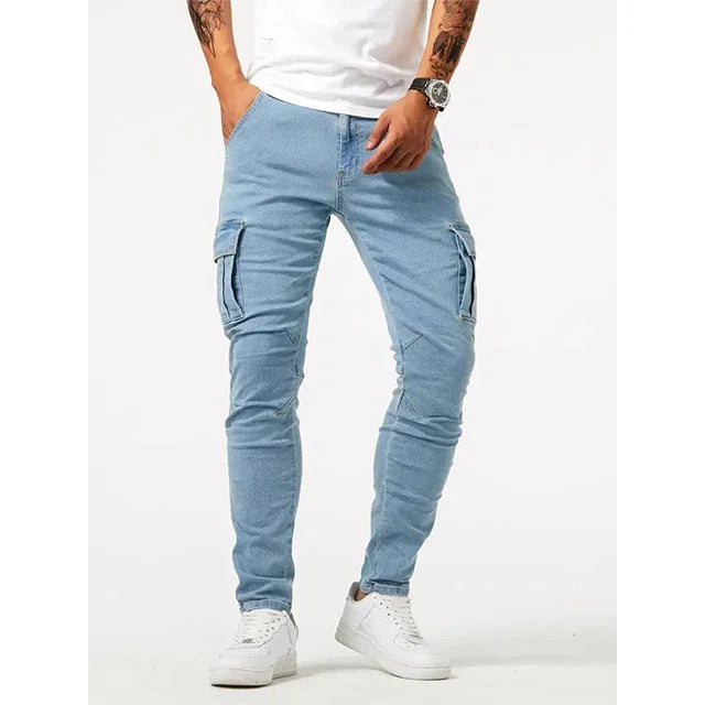 Mens Slim Fit Denim Cargo Pants - Casual Multi-Pocket Joggers - ZOOMNSTORE
