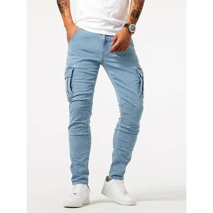 Mens Slim Fit Denim Cargo Pants - Casual Multi-Pocket Joggers - ZOOMNSTORE
