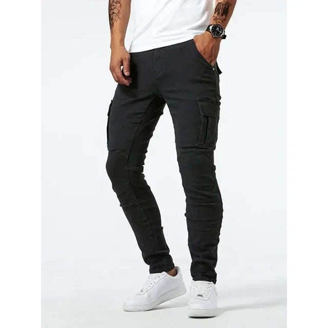 Mens Slim Fit Denim Cargo Pants - Casual Multi-Pocket Joggers - ZOOMNSTORE
