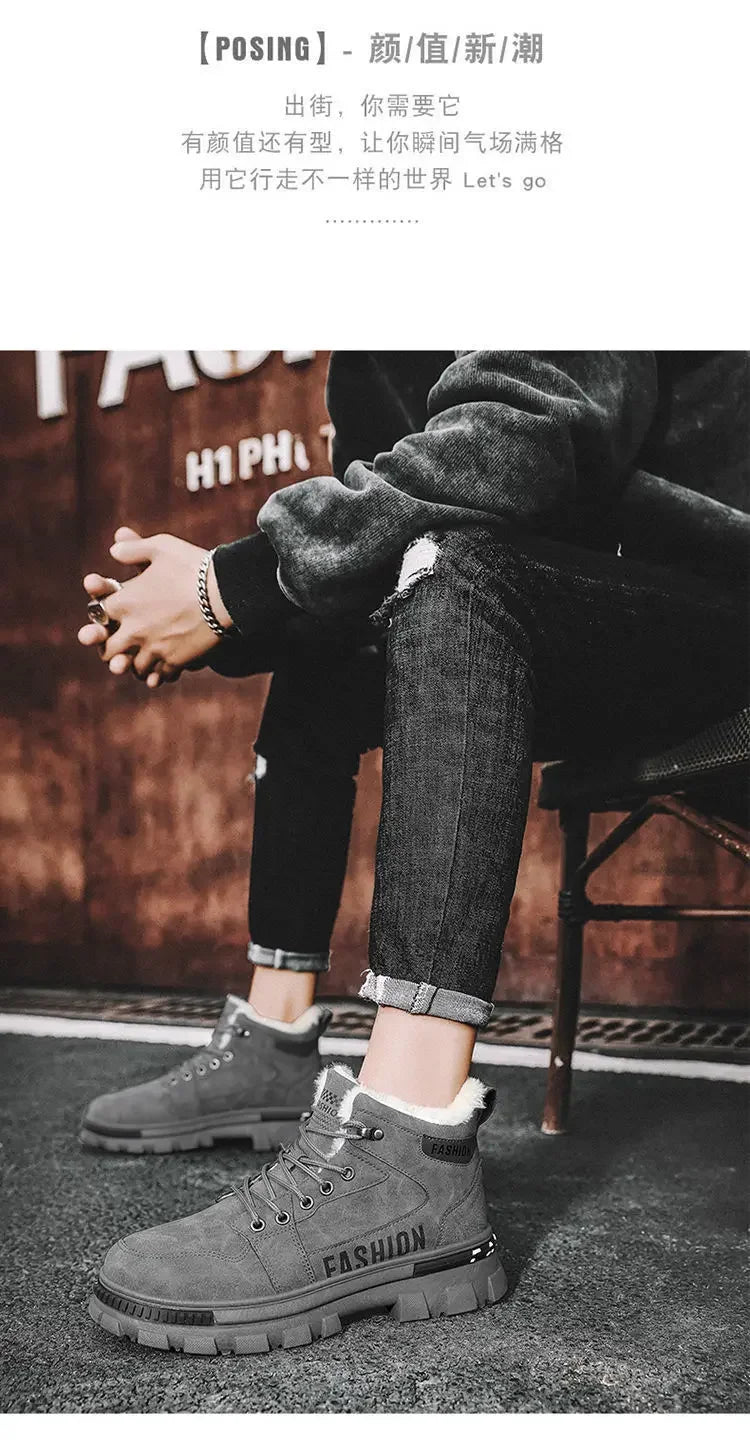 Men Snow Boots - Winter Lace Up Outdoor Sport Warm Plush Ankle Height Boots - ZOOMNSTORE