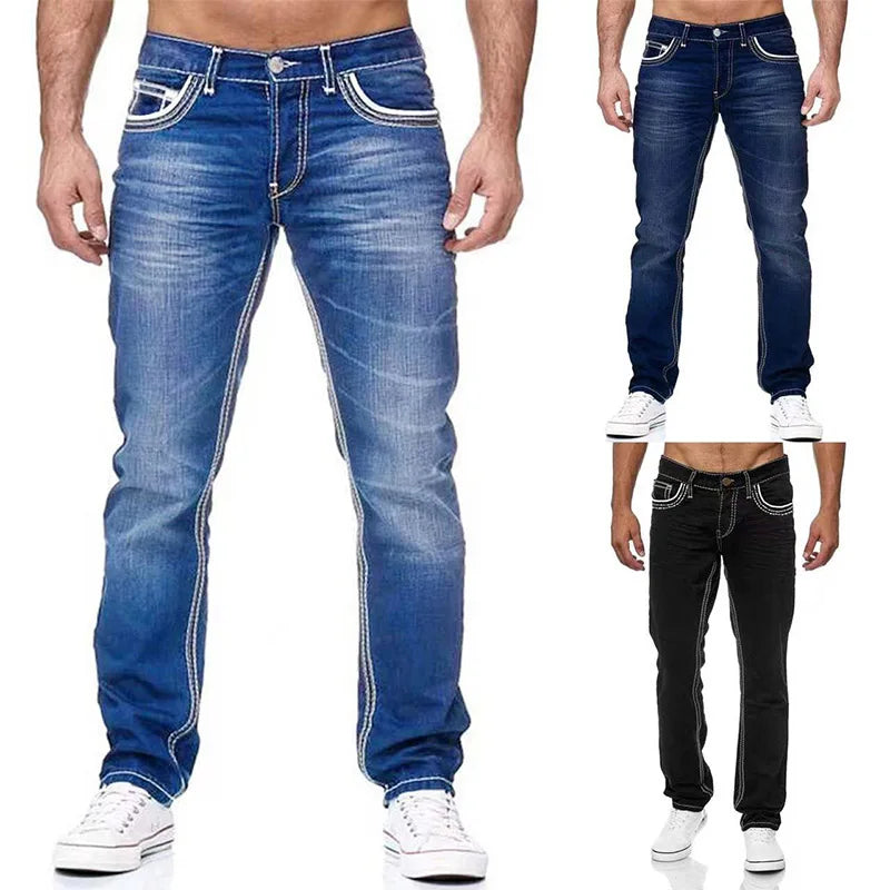 Men Straight Jeans - Distressed Denim Pants With Button Fly | Loose Fit Midweight Cotton Casual - ZOOMNSTORE