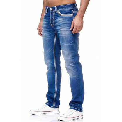 Men Straight Jeans - Distressed Denim Pants With Button Fly | Loose Fit Midweight Cotton Casual - ZOOMNSTORE