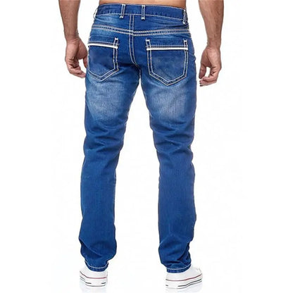 Men Straight Jeans - Distressed Denim Pants With Button Fly | Loose Fit Midweight Cotton Casual - ZOOMNSTORE