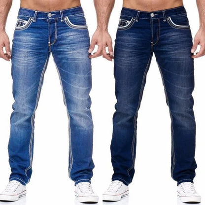 Men Straight Jeans - Distressed Denim Pants With Button Fly | Loose Fit Midweight Cotton Casual - ZOOMNSTORE