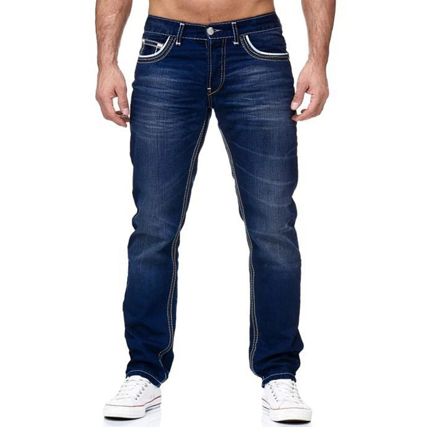 Men Straight Jeans - Distressed Denim Pants With Button Fly | Loose Fit Midweight Cotton Casual - ZOOMNSTORE