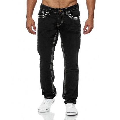 Men Straight Jeans - Distressed Denim Pants With Button Fly | Loose Fit Midweight Cotton Casual - ZOOMNSTORE