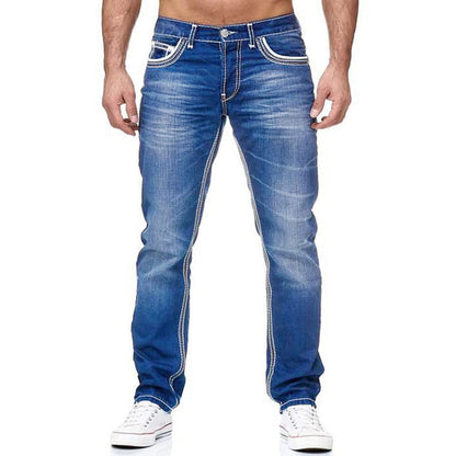 Men Straight Jeans - Distressed Denim Pants With Button Fly | Loose Fit Midweight Cotton Casual - ZOOMNSTORE