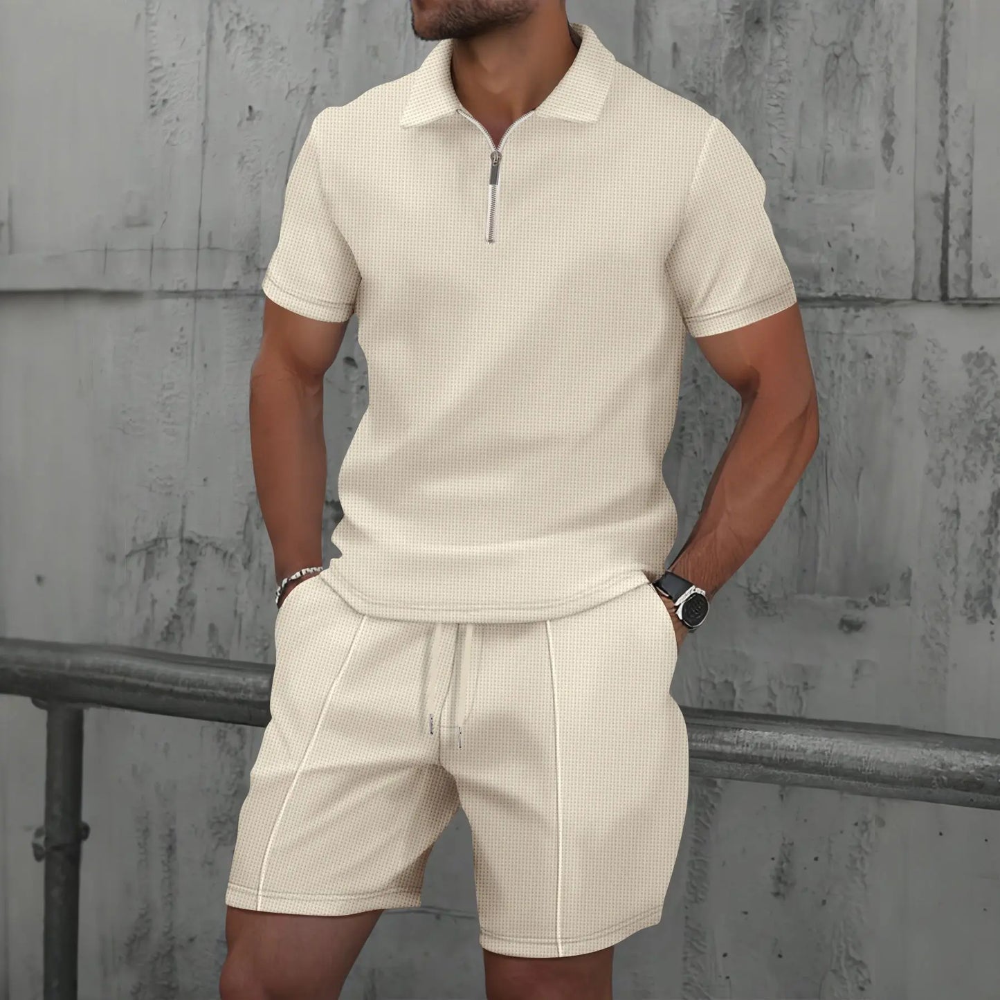 Men Summer Suit Set – European Style Notched Lapel Jacket With Drawstring Shorts - ZOOMNSTORE
