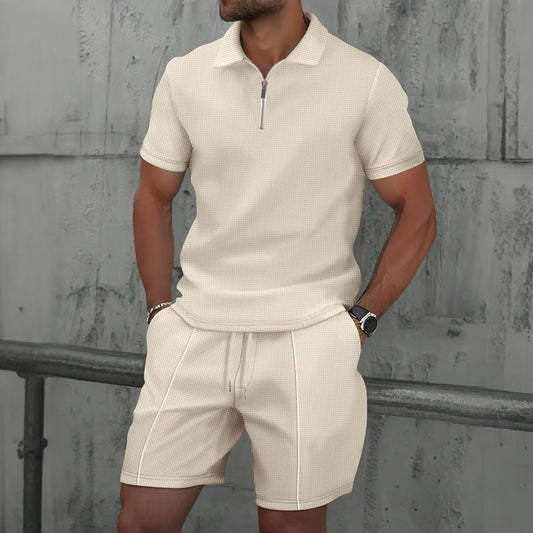 Men Summer Suit Set – European Style Notched Lapel Jacket With Drawstring Shorts - ZOOMNSTORE