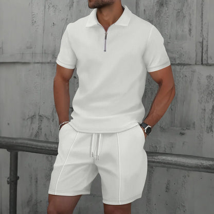 Men Summer Suit Set – European Style Notched Lapel Jacket With Drawstring Shorts - ZOOMNSTORE
