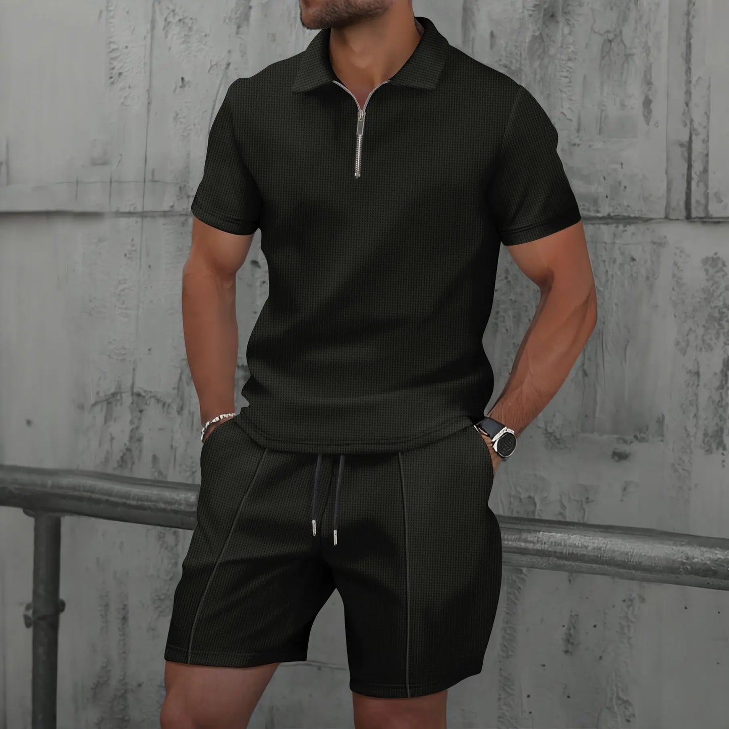 Men Summer Suit Set – European Style Notched Lapel Jacket With Drawstring Shorts - ZOOMNSTORE
