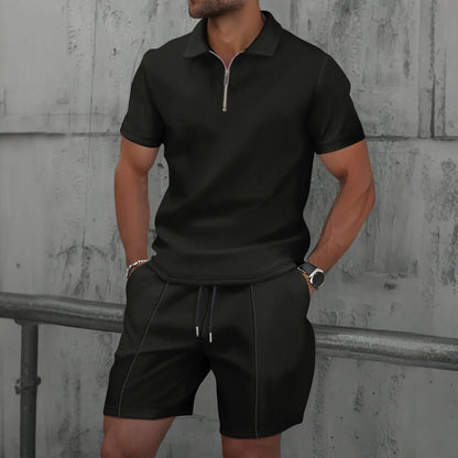 Men Summer Suit Set – European Style Notched Lapel Jacket With Drawstring Shorts - ZOOMNSTORE