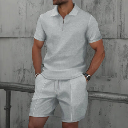 Men Summer Suit Set – European Style Notched Lapel Jacket With Drawstring Shorts - ZOOMNSTORE