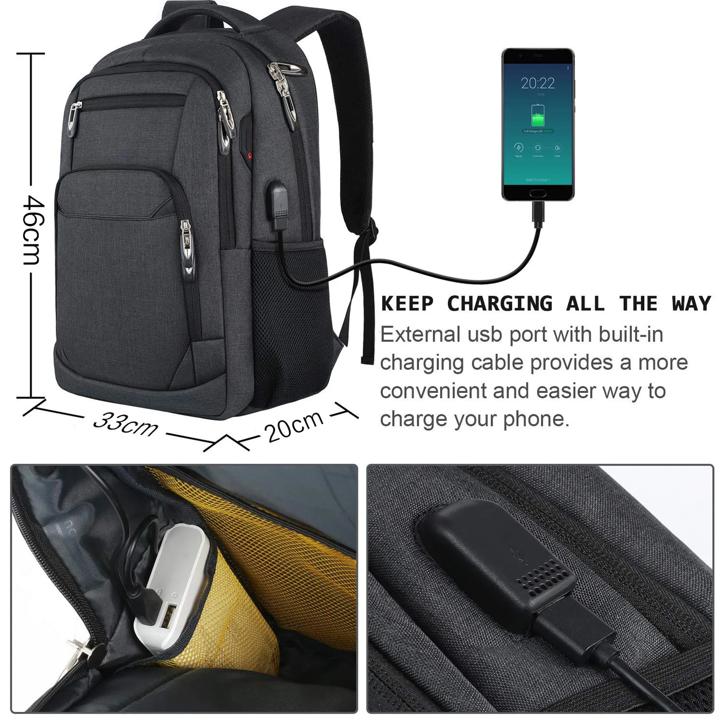 Ergonomic Black Backpack - Large Capacity Waterproof Travel Bag for Men - ZOOMNSTORE