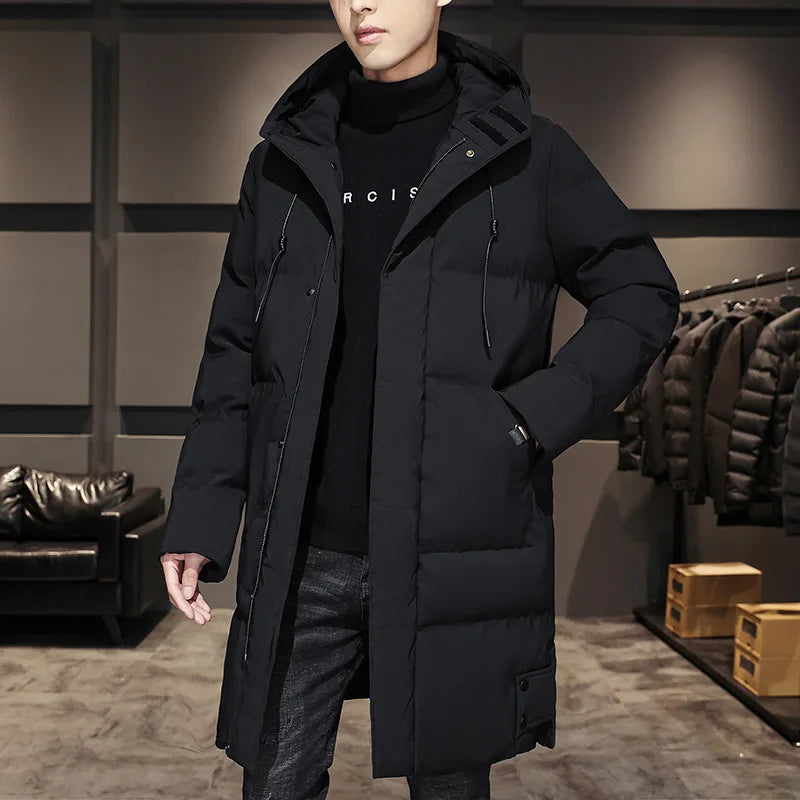 Men Winter Down Jacket - Mid Length Hooded Zipper Coat Cold Proof Outerwear - ZOOMNSTORE