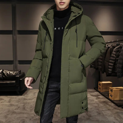 Men Winter Down Jacket - Mid Length Hooded Zipper Coat Cold Proof Outerwear - ZOOMNSTORE