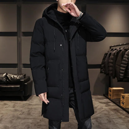 Men Winter Down Jacket - Mid Length Hooded Zipper Coat Cold Proof Outerwear - ZOOMNSTORE