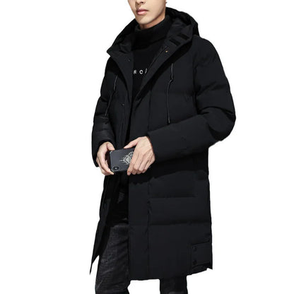 Men Winter Down Jacket - Mid Length Hooded Zipper Coat Cold Proof Outerwear - ZOOMNSTORE