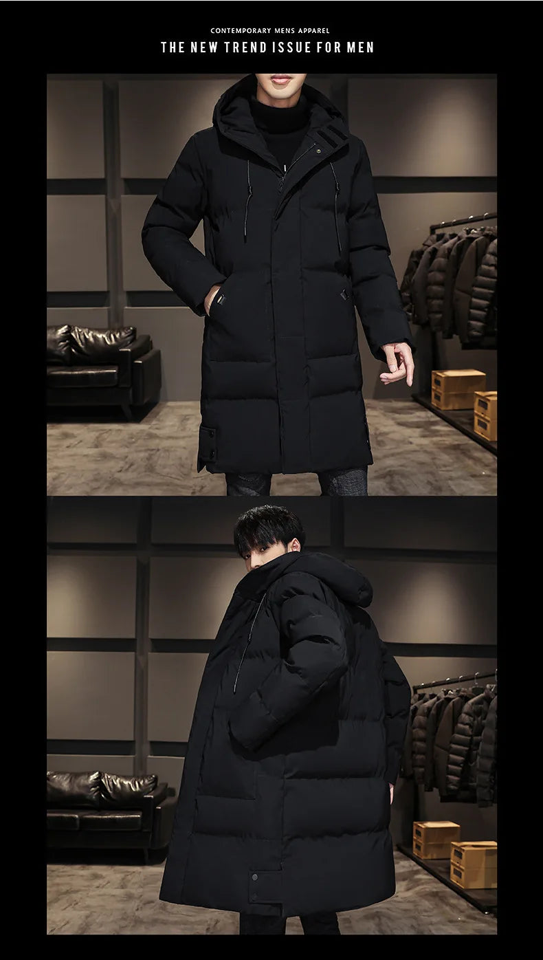 Men Winter Down Jacket - Mid Length Hooded Zipper Coat Cold Proof Outerwear - ZOOMNSTORE