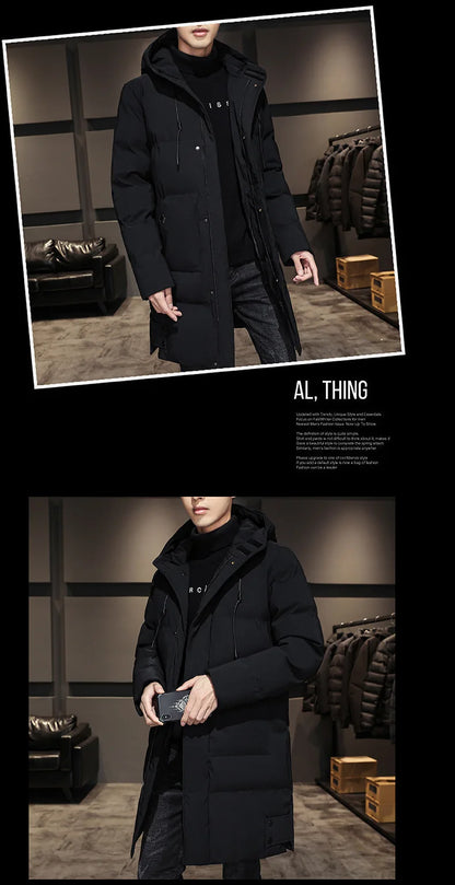 Men Winter Down Jacket - Mid Length Hooded Zipper Coat Cold Proof Outerwear - ZOOMNSTORE