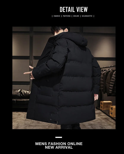 Men Winter Down Jacket - Mid Length Hooded Zipper Coat Cold Proof Outerwear - ZOOMNSTORE