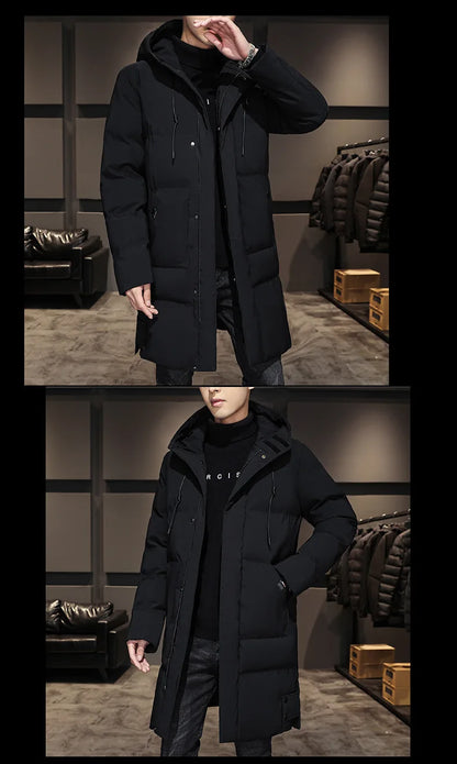 Men Winter Down Jacket - Mid Length Hooded Zipper Coat Cold Proof Outerwear - ZOOMNSTORE