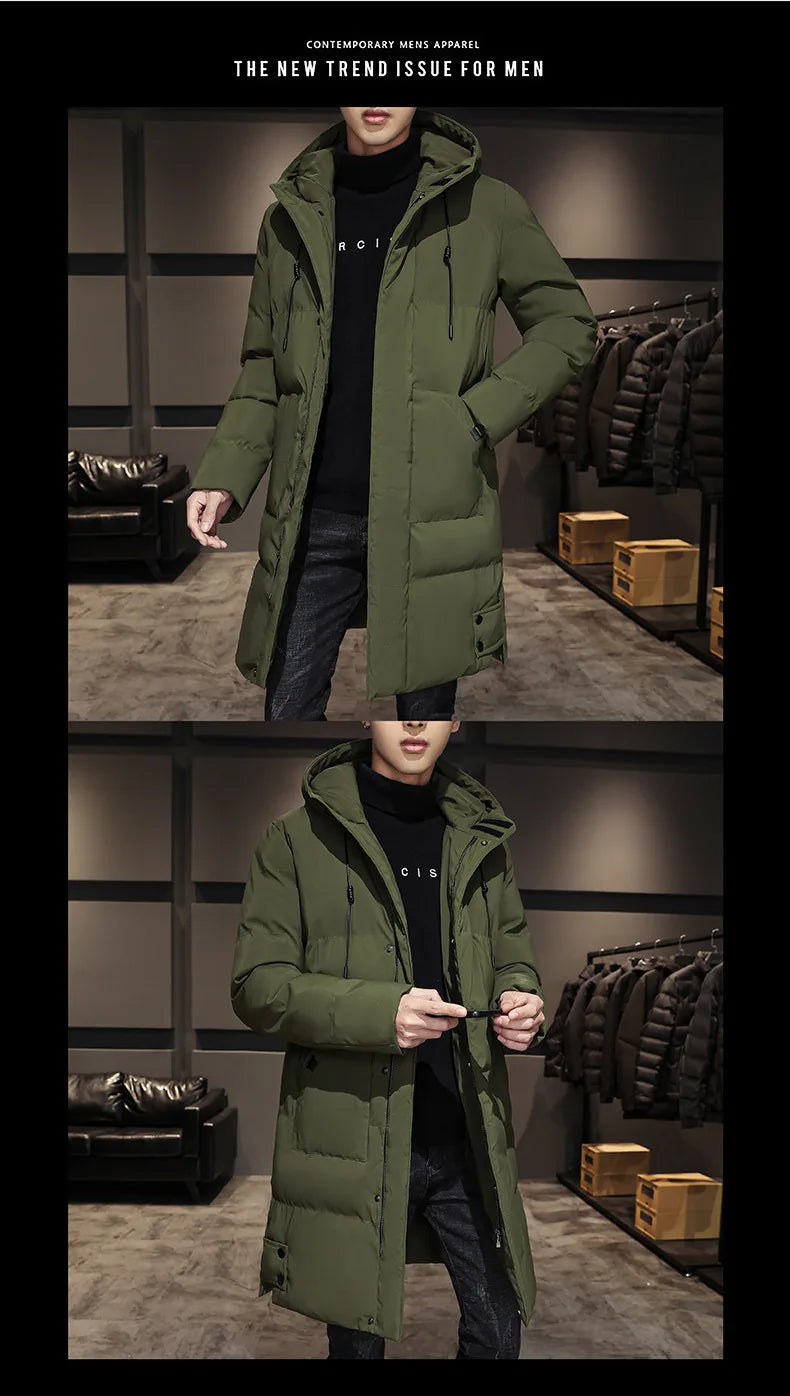 Men Winter Down Jacket - Mid Length Hooded Zipper Coat Cold Proof Outerwear - ZOOMNSTORE