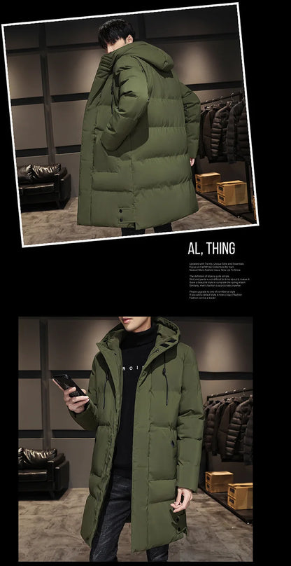 Men Winter Down Jacket - Mid Length Hooded Zipper Coat Cold Proof Outerwear - ZOOMNSTORE