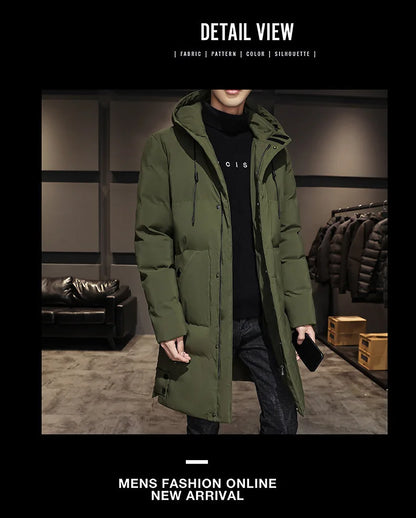Men Winter Down Jacket - Mid Length Hooded Zipper Coat Cold Proof Outerwear - ZOOMNSTORE