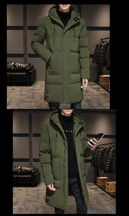 Men Winter Down Jacket - Mid Length Hooded Zipper Coat Cold Proof Outerwear - ZOOMNSTORE