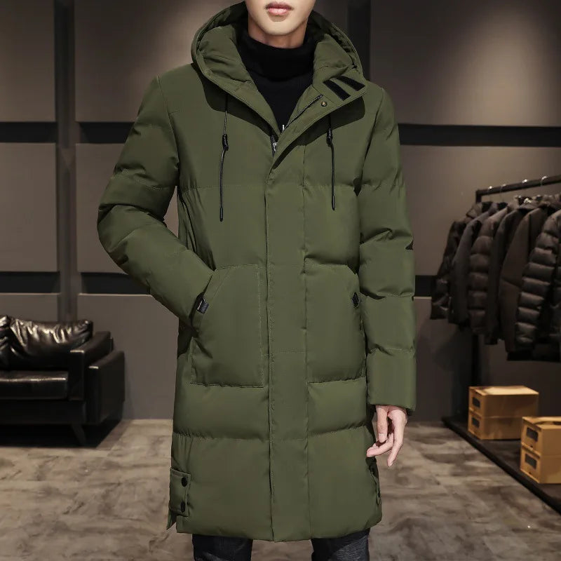 Men Winter Down Jacket - Mid Length Hooded Zipper Coat Cold Proof Outerwear - ZOOMNSTORE