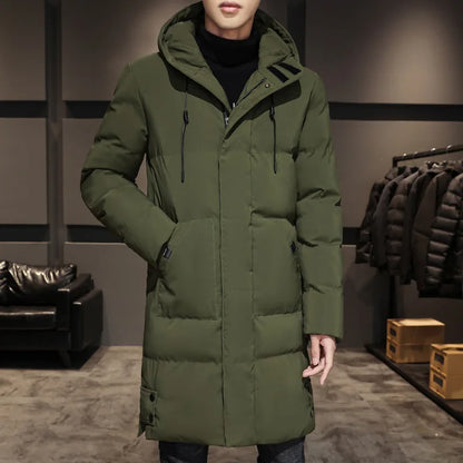 Men Winter Down Jacket - Mid Length Hooded Zipper Coat Cold Proof Outerwear - ZOOMNSTORE
