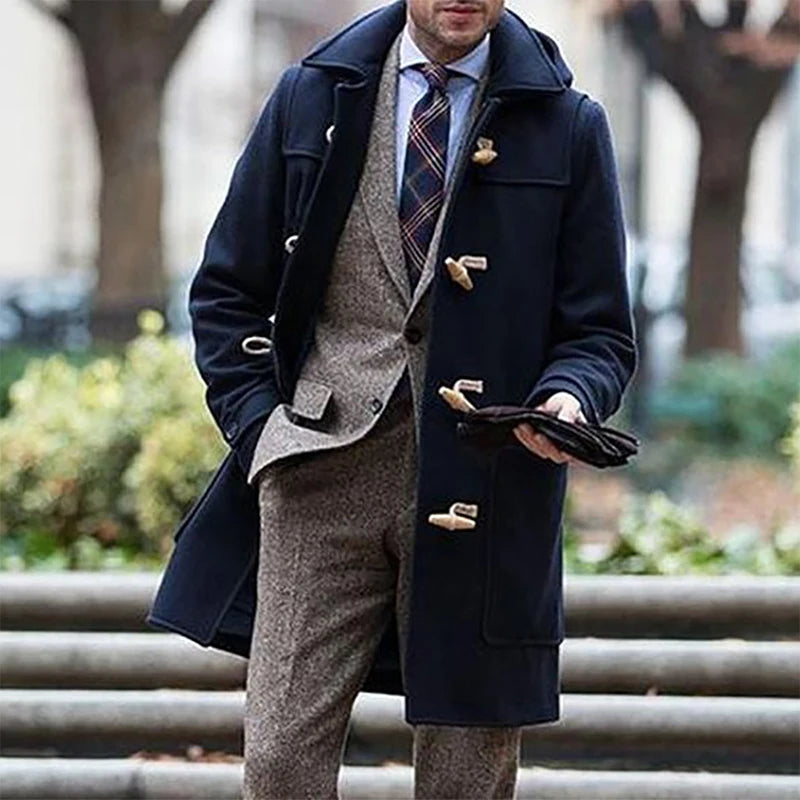 Men Winter Duffle Coat – Classic Toggle Wool Blend Hooded Outerwear Navy Blue - ZOOMNSTORE