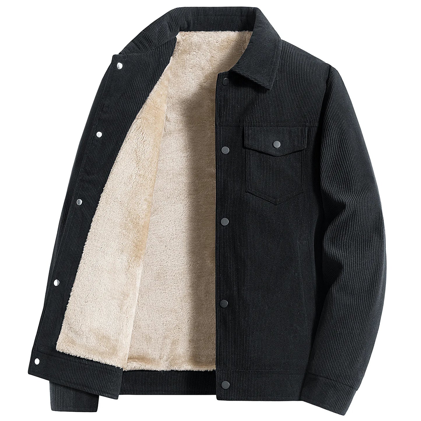 Men Winter Jacket - Thick Warm Casual Coat With Striped Fleece & Turn Down Collar - ZOOMNSTORE