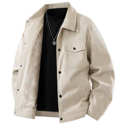 Men Winter Jacket - Thick Warm Casual Coat With Striped Fleece & Turn Down Collar - ZOOMNSTORE