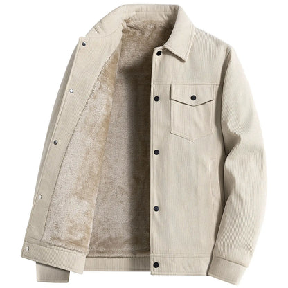 Men Winter Jacket - Thick Warm Casual Coat With Striped Fleece & Turn Down Collar - ZOOMNSTORE