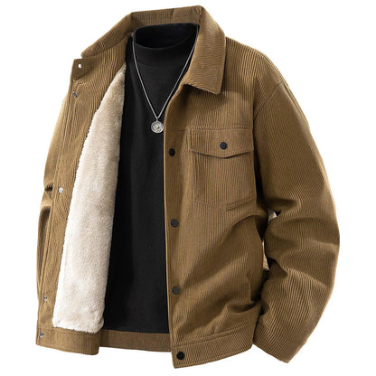 Men Winter Jacket - Thick Warm Casual Coat With Striped Fleece & Turn Down Collar - ZOOMNSTORE