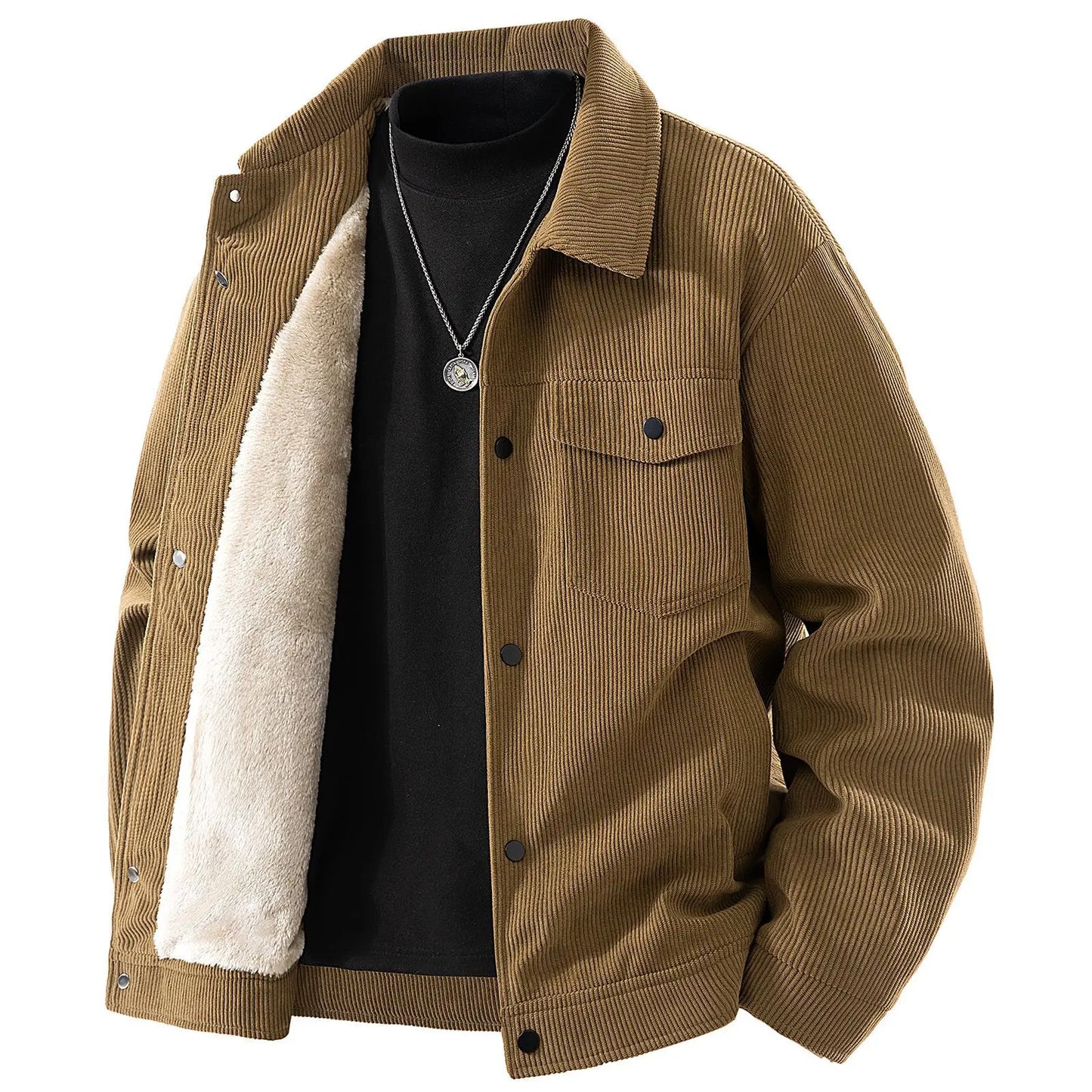 Men Winter Jacket - Thick Warm Casual Coat With Striped Fleece & Turn Down Collar - ZOOMNSTORE