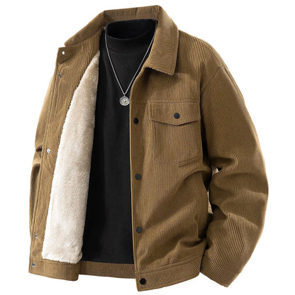 Men Winter Jacket - Thick Warm Casual Coat With Striped Fleece & Turn Down Collar - ZOOMNSTORE