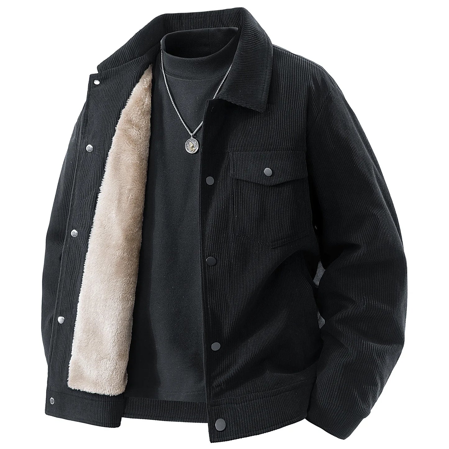 Men Winter Jacket - Thick Warm Casual Coat With Striped Fleece & Turn Down Collar - ZOOMNSTORE